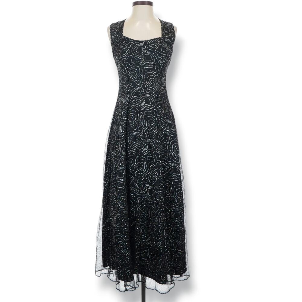 Vintage‎ All That Jazz Black Mesh Rhinestone Maxi Dress Open Back Party Wedding